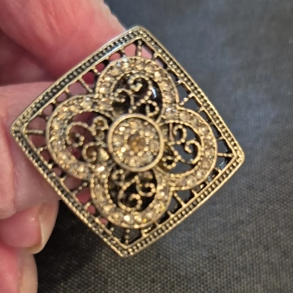 Vintage Style Statement Ring In Bronze And Rhinestone Detail, Adjustsble Sizing